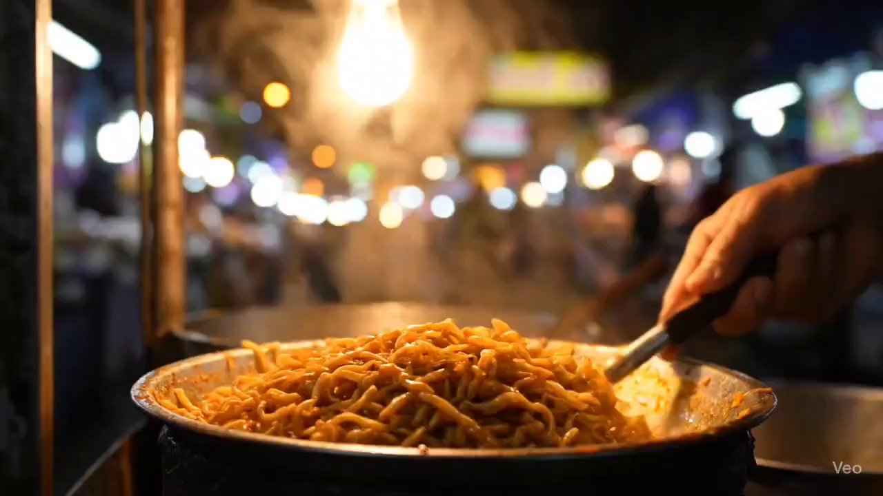 Sizzling Street Food: Curry Noodles in Hyper-Slow Motion - Veo 3 AI video prompt thumbnail