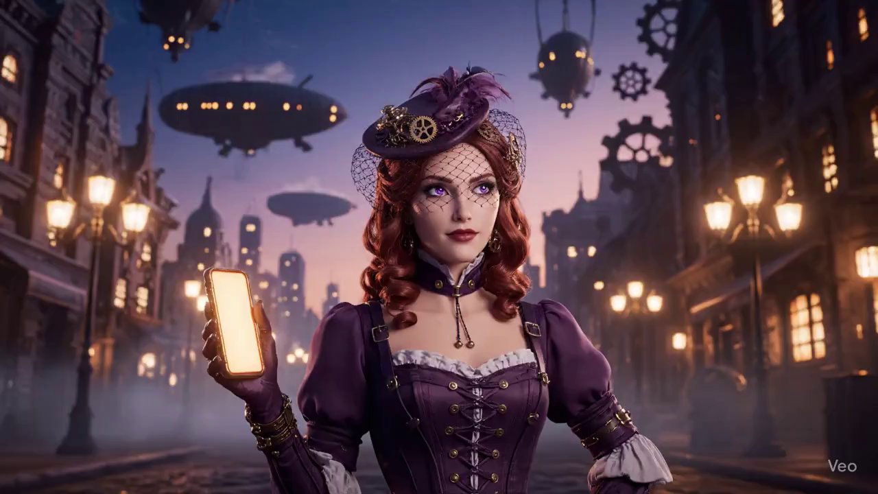Victorian Steampunk Portrait in a Futuristic City - Veo 3 AI video prompt thumbnail