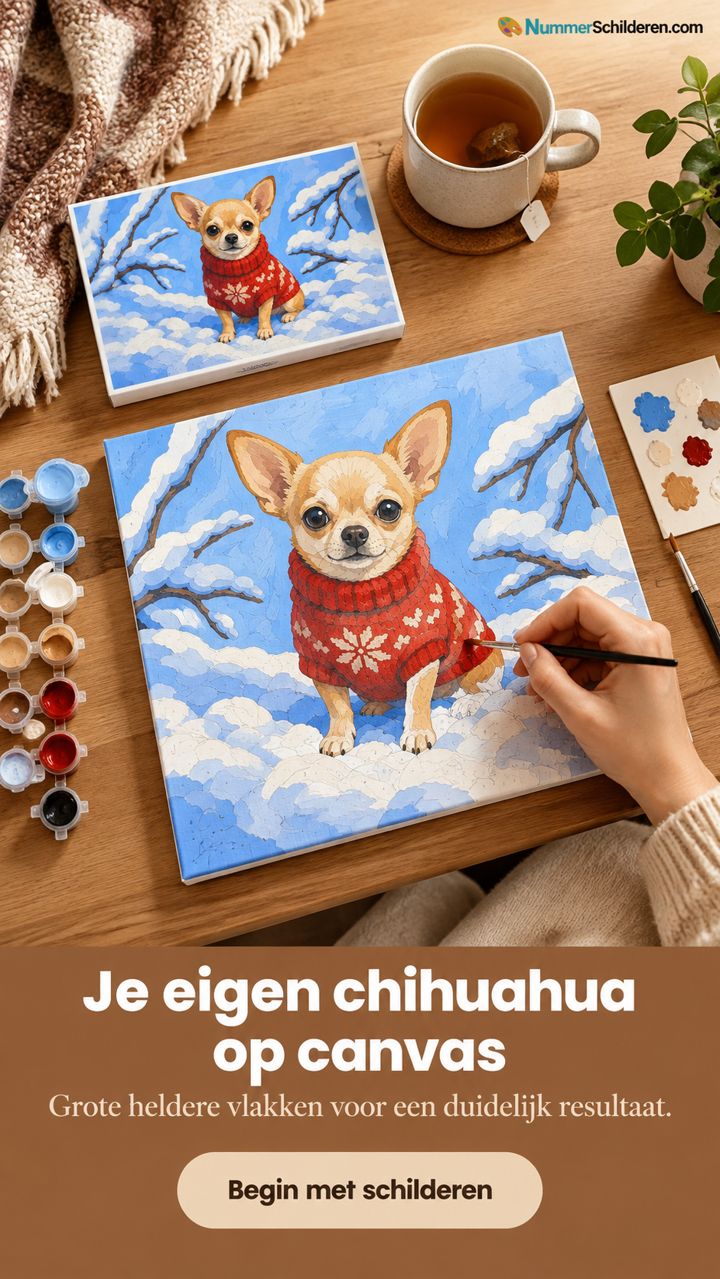 Real-life use ad for nummerschilderen.com (Schilderen op nummer chihuahua in de sneeuw), headline: Je eigen chihuahua op canvas