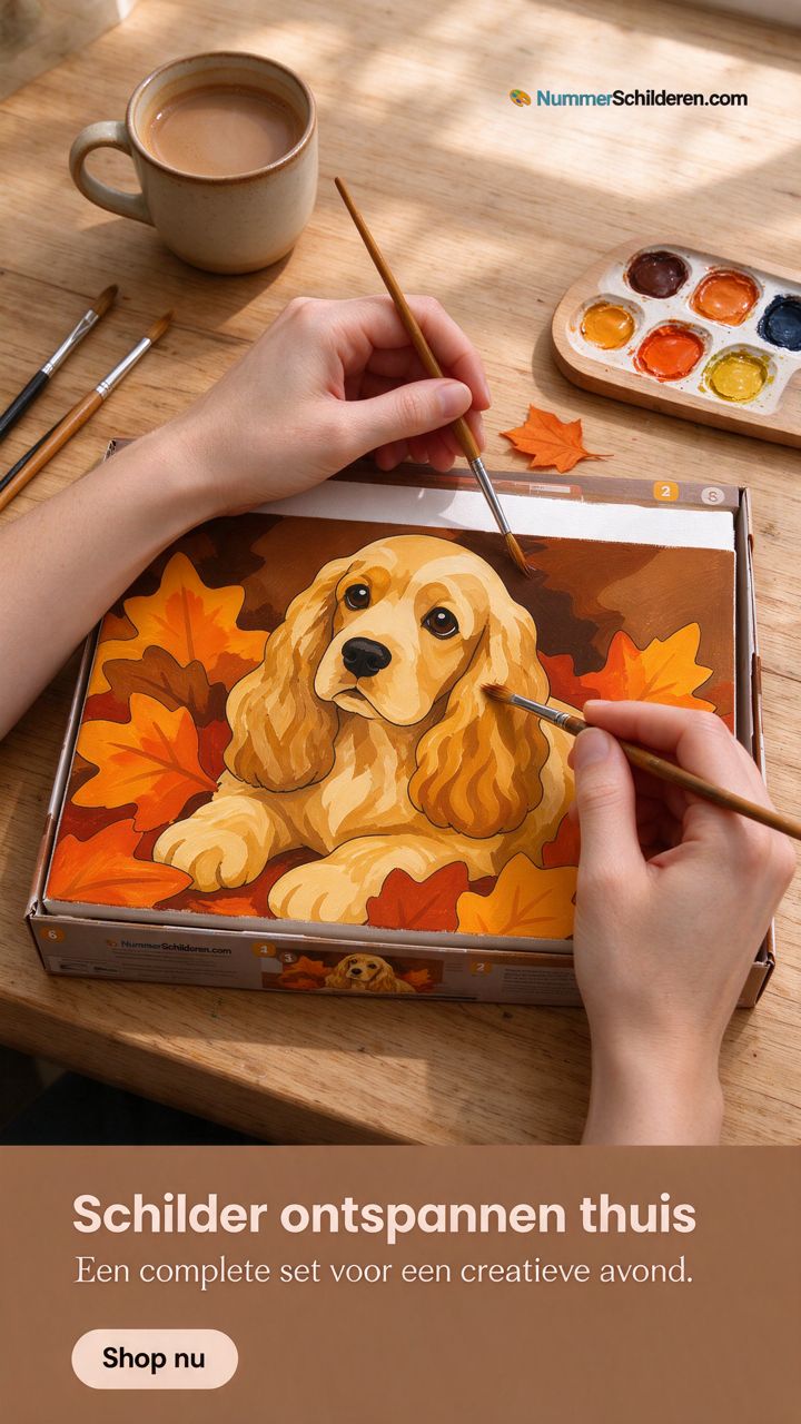 Real-life use ad for nummerschilderen.com (Schilderen op nummer cocker spaniel in de herfstbladeren), headline: Schilder ontspannen thuis