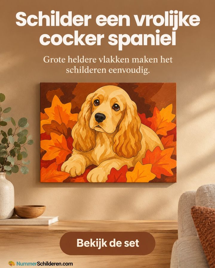Main benefit ad for nummerschilderen.com (Schilderen op nummer cocker spaniel in de herfstbladeren), headline: Schilder een vrolijke cocker spaniel