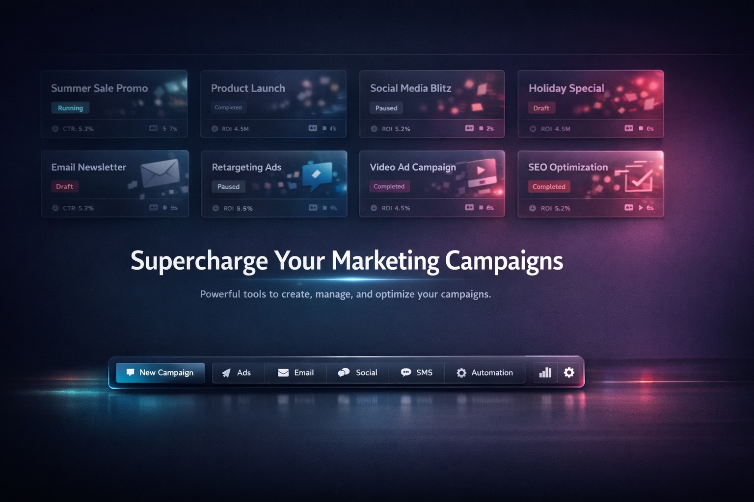 Campaign Studio canvas with floating composer and campaign tiles