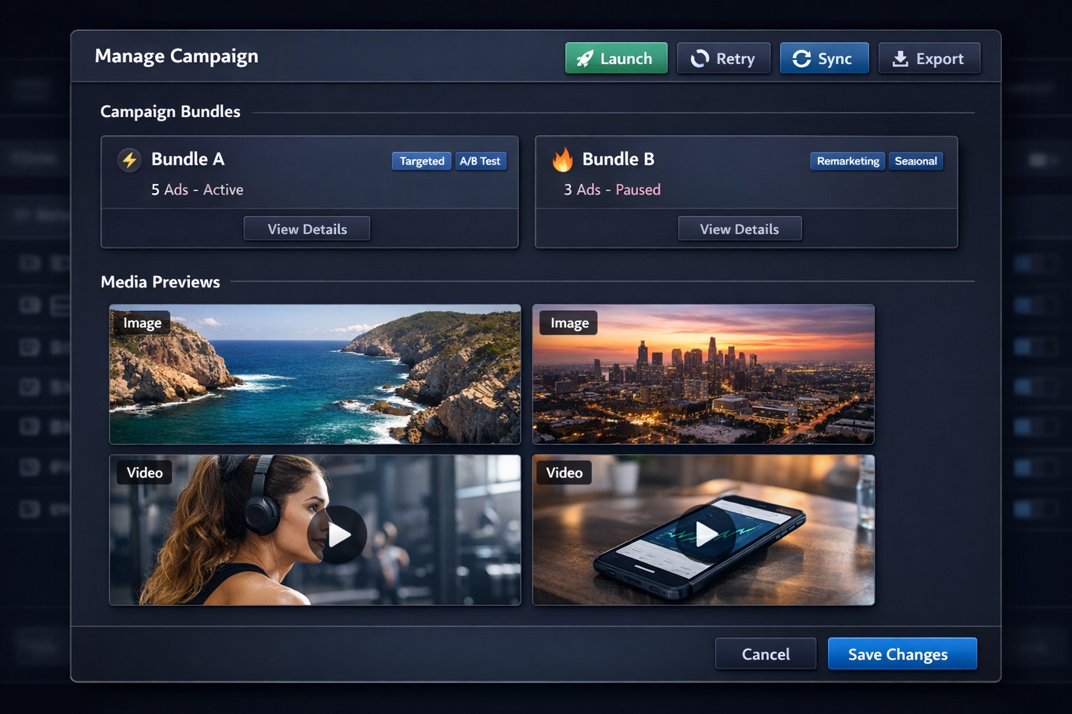 Campaign details modal with previews and execution controls