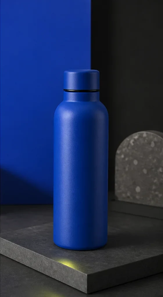 Styled campaign product image of the same cobalt insulated bottle