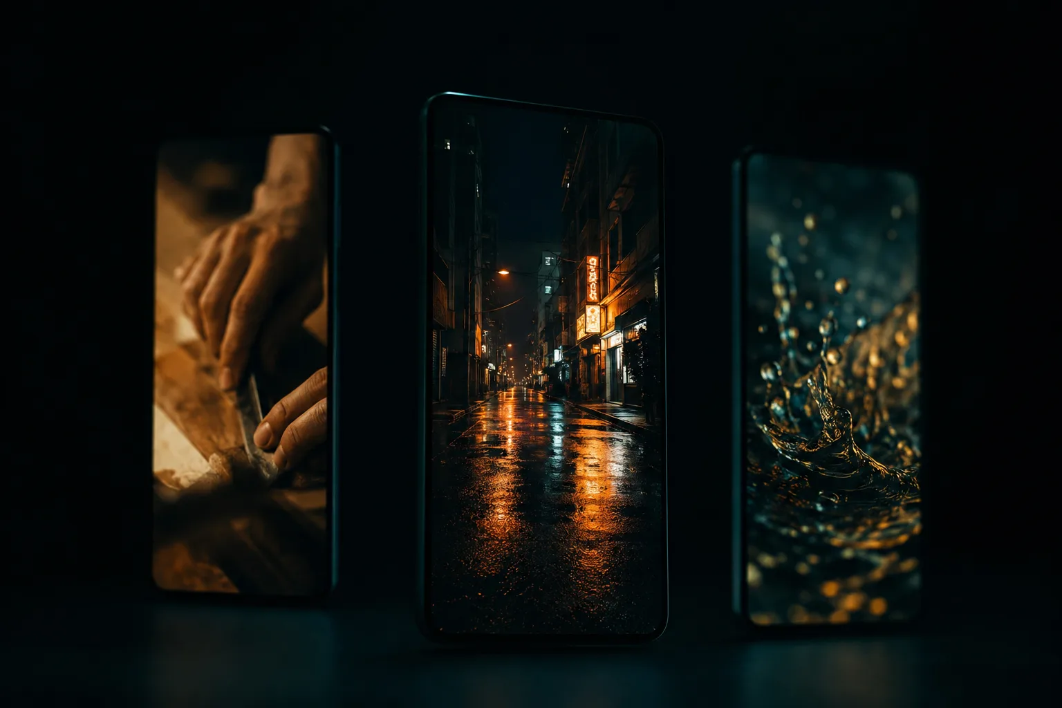 Three vertical video stills glowing in a dark room: hands at work, a wet neon street at night, and a splash of liquid.