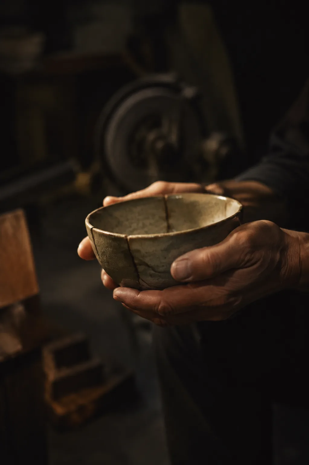 Vertical video still: two hands holding a cracked ceramic bowl in a dark workshop, lit by one warm lamp.