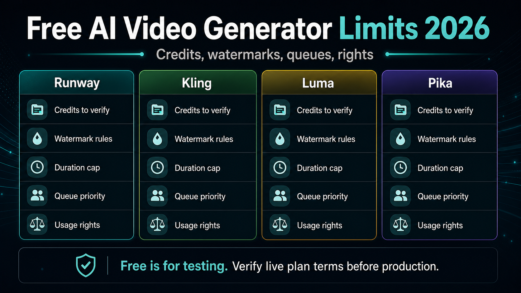 Free AI video generator limits comparison infographic