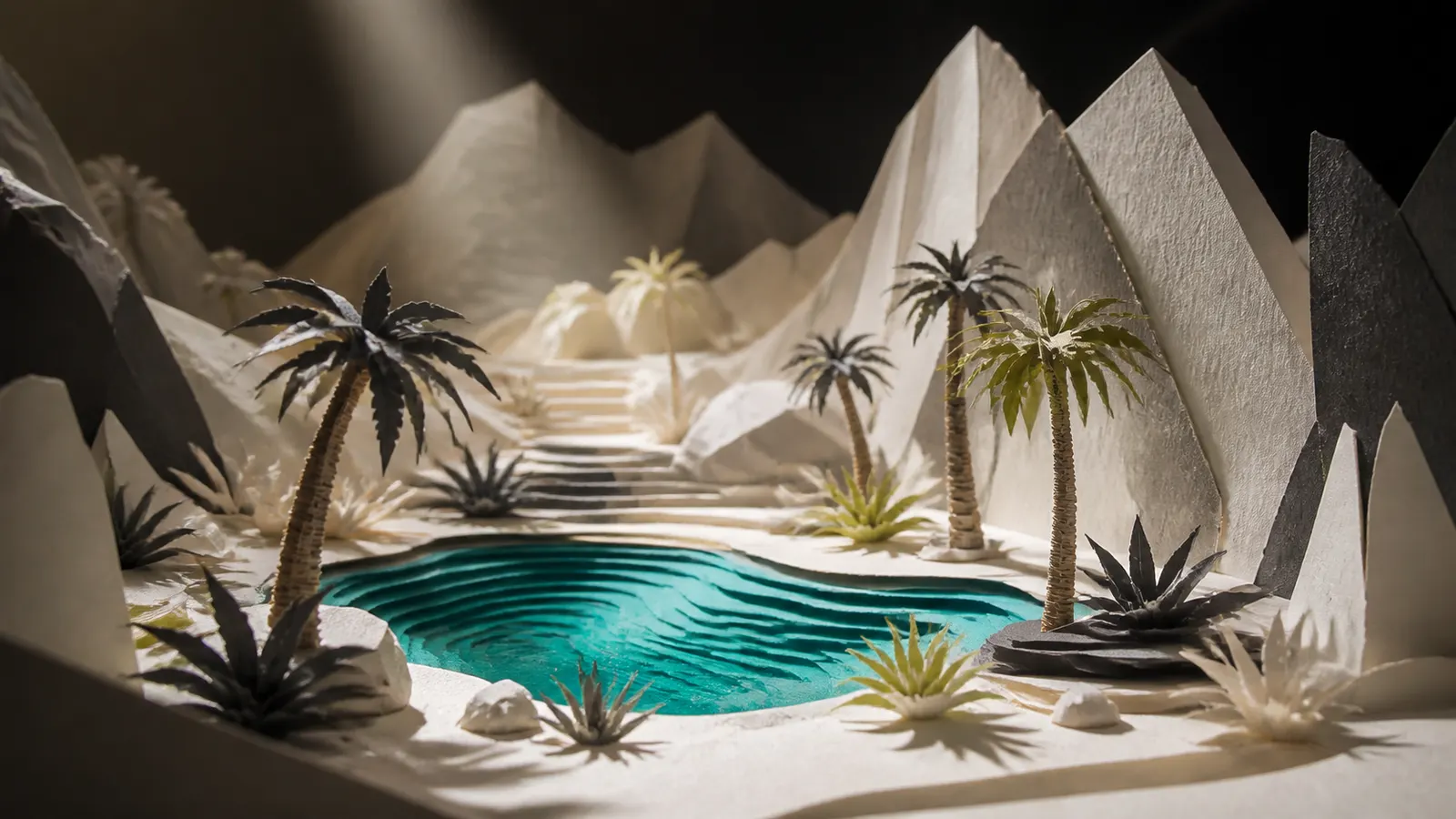 A handcrafted cut-paper oasis with layered water, palms and mountain folds