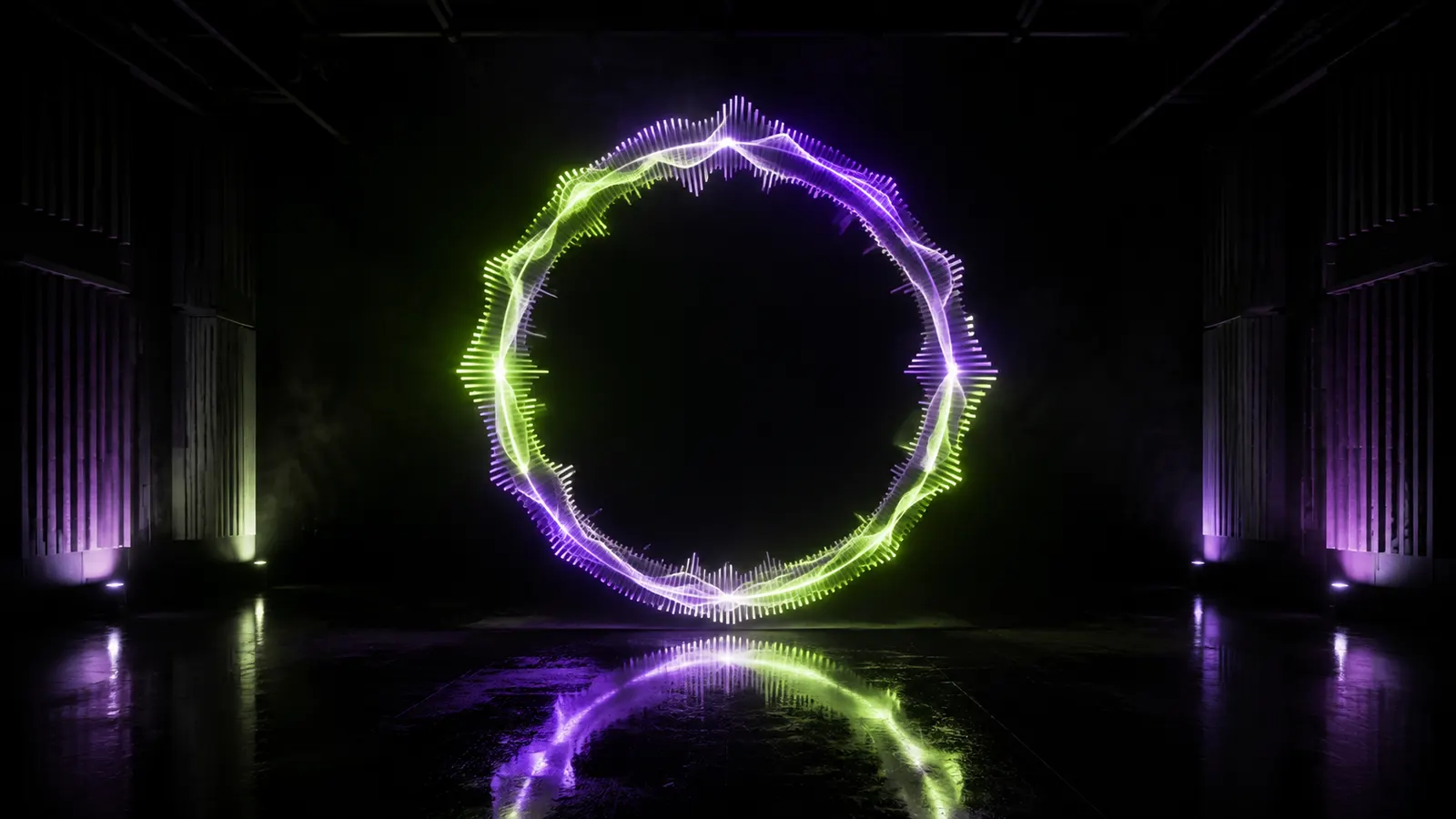 A circular lime and violet audio waveform closing into one continuous loop