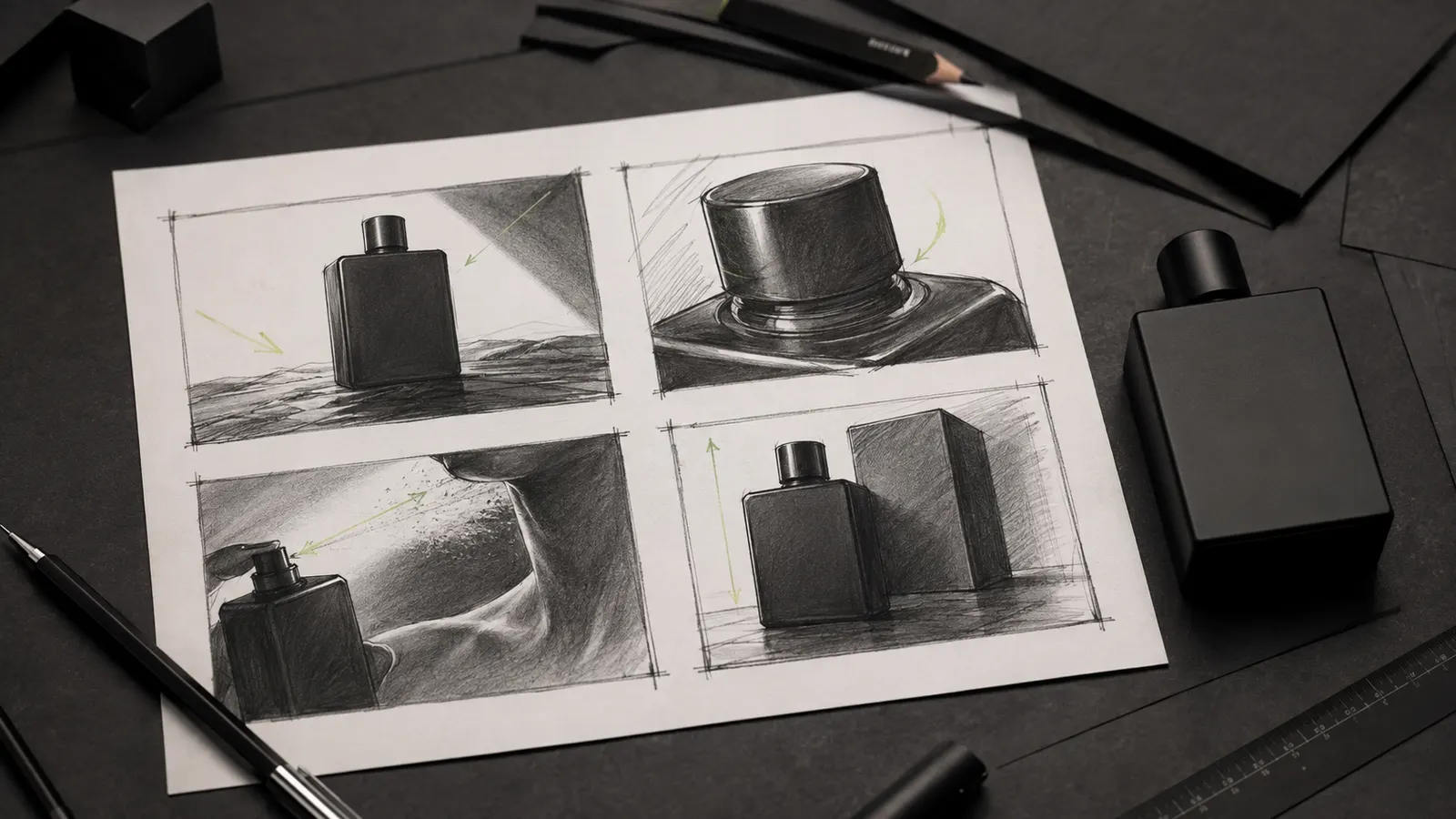 Four pencil storyboard frames planning a film around the same black perfume bottle