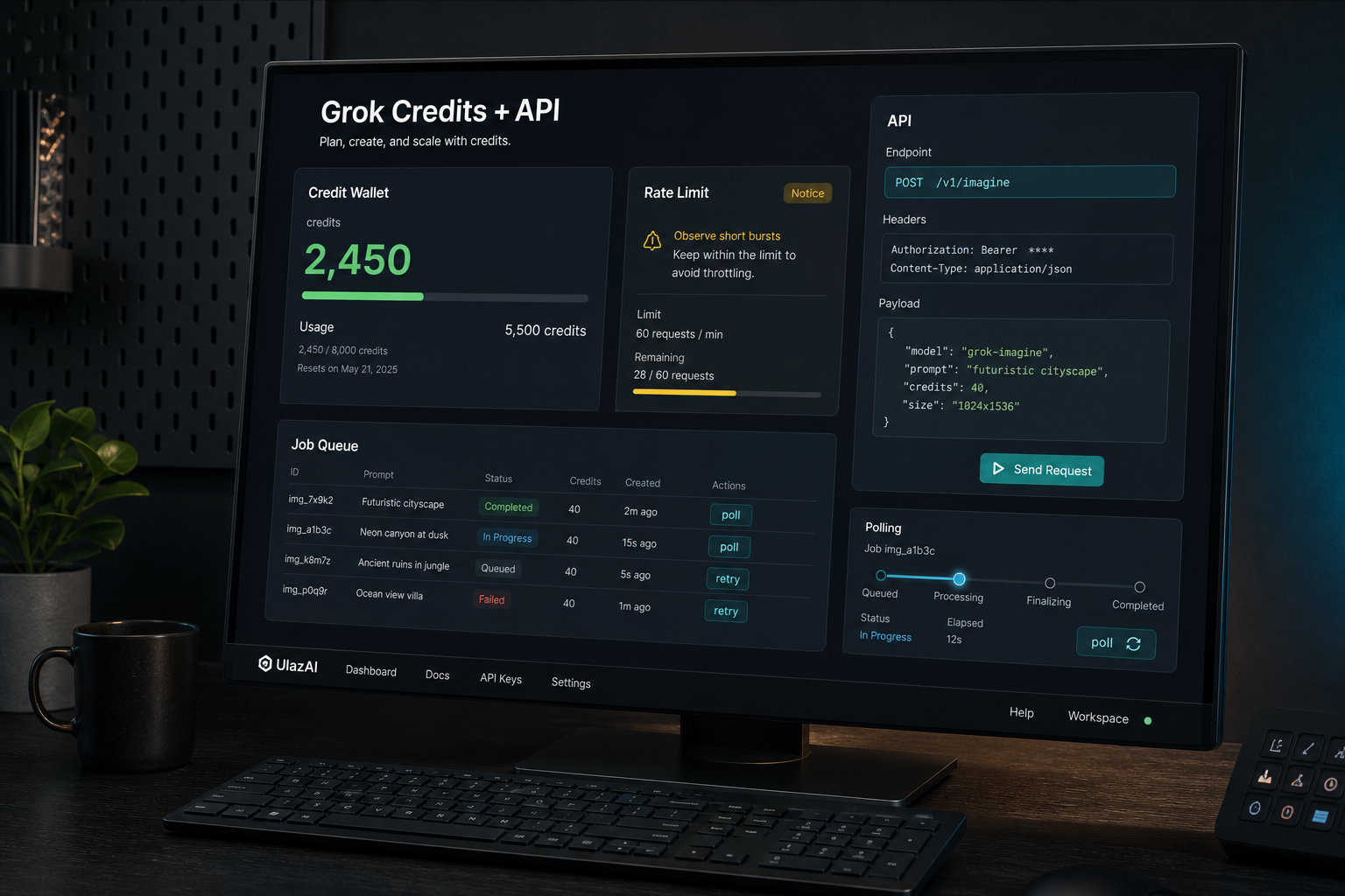 UlazAI Grok credits and API planning visual for video generation