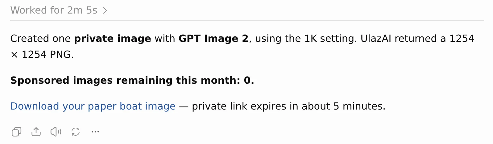 ChatGPT answer: created one private image with GPT Image 2 at 1K, a 1254 by 1254 PNG, sponsored images remaining this month 0, with a download link that expires in about five minutes