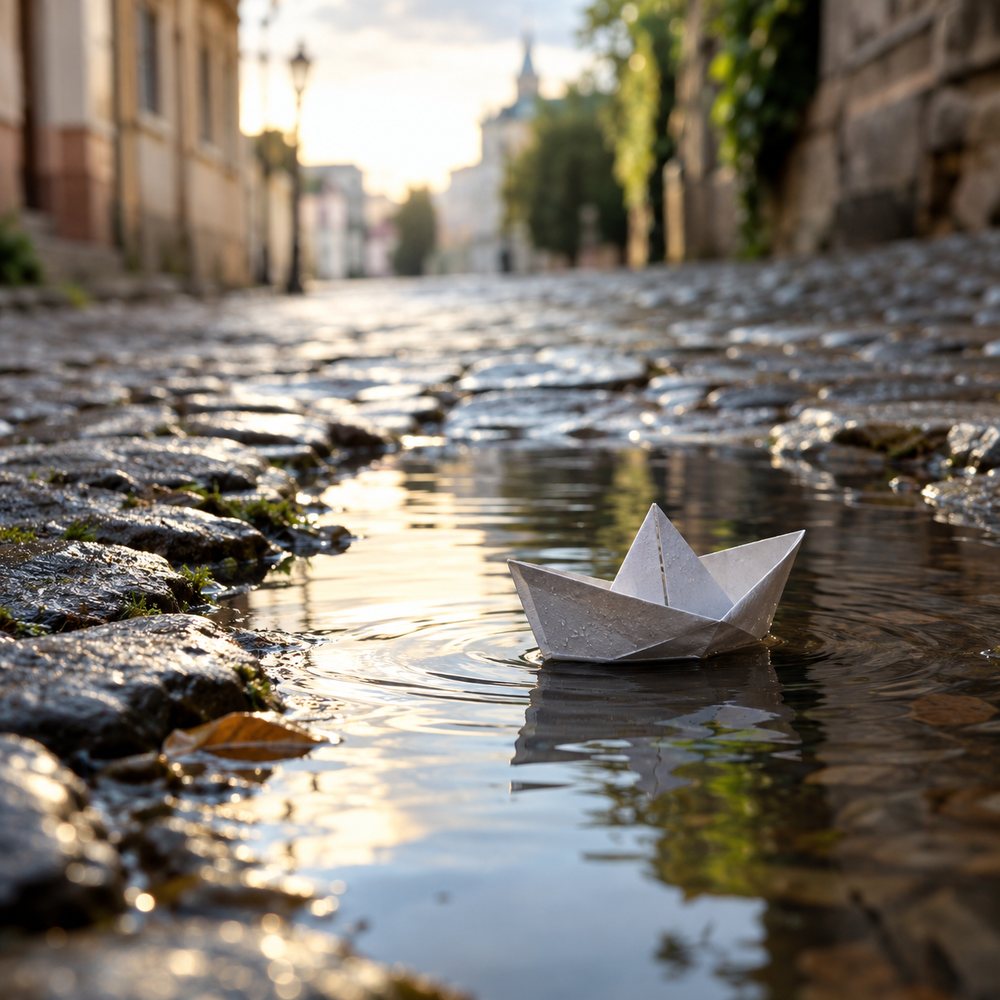 Photorealistic paper boat floating in a rain puddle on a wet cobblestone street in soft morning light, made with UlazAI Media in ChatGPT