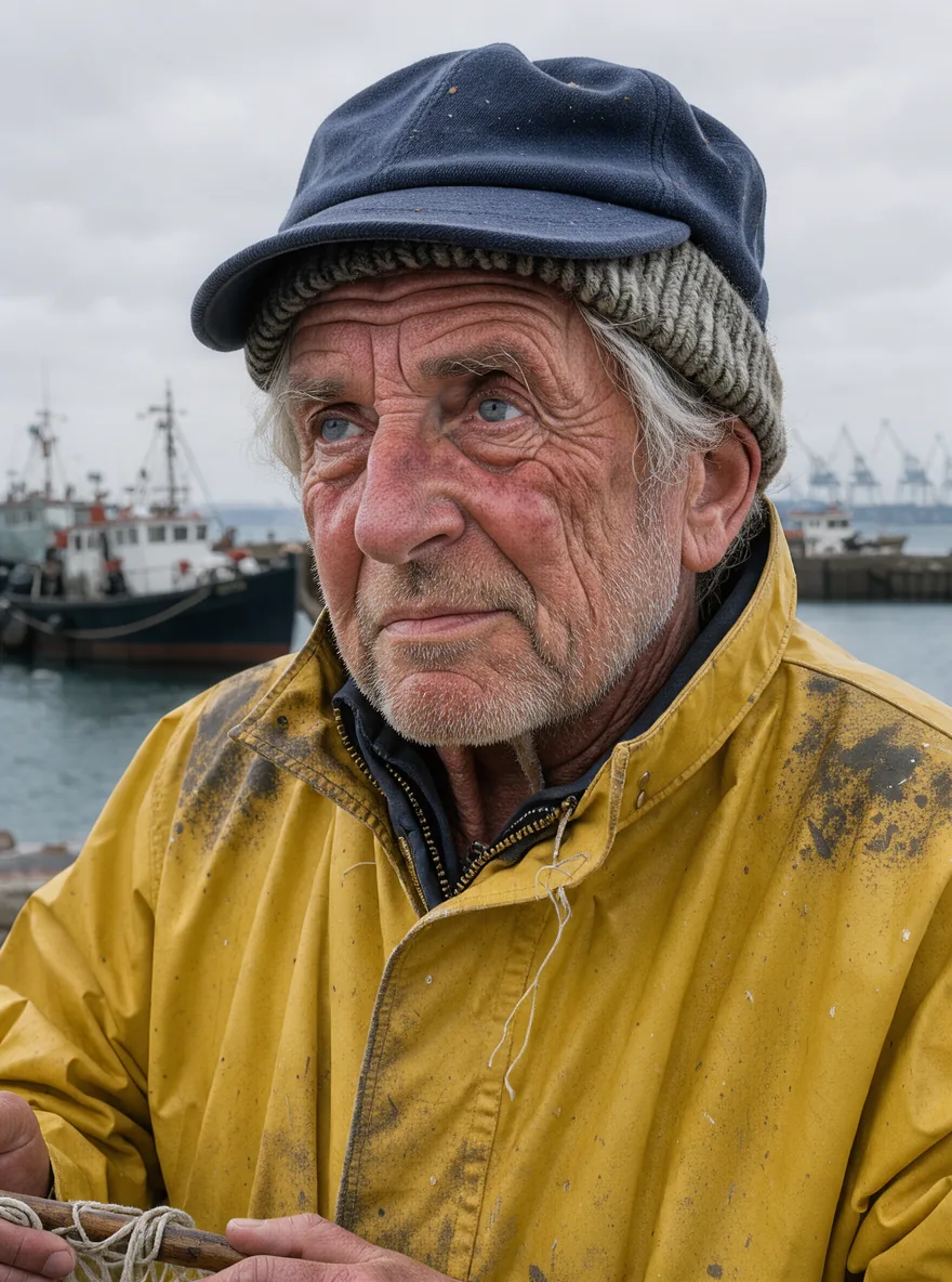 Reference 1: elderly fisherman in a yellow raincoat