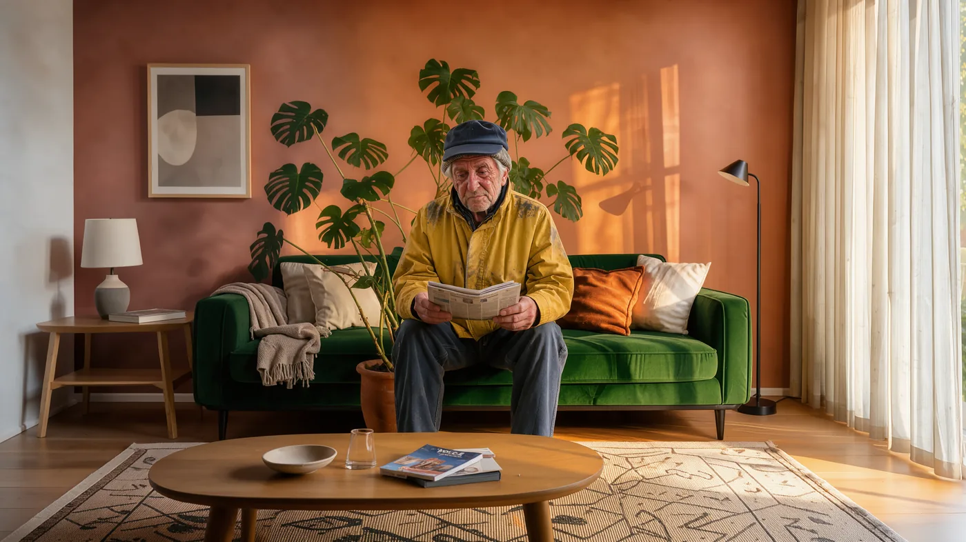 The fisherman reading a newspaper on the green sofa in the living room