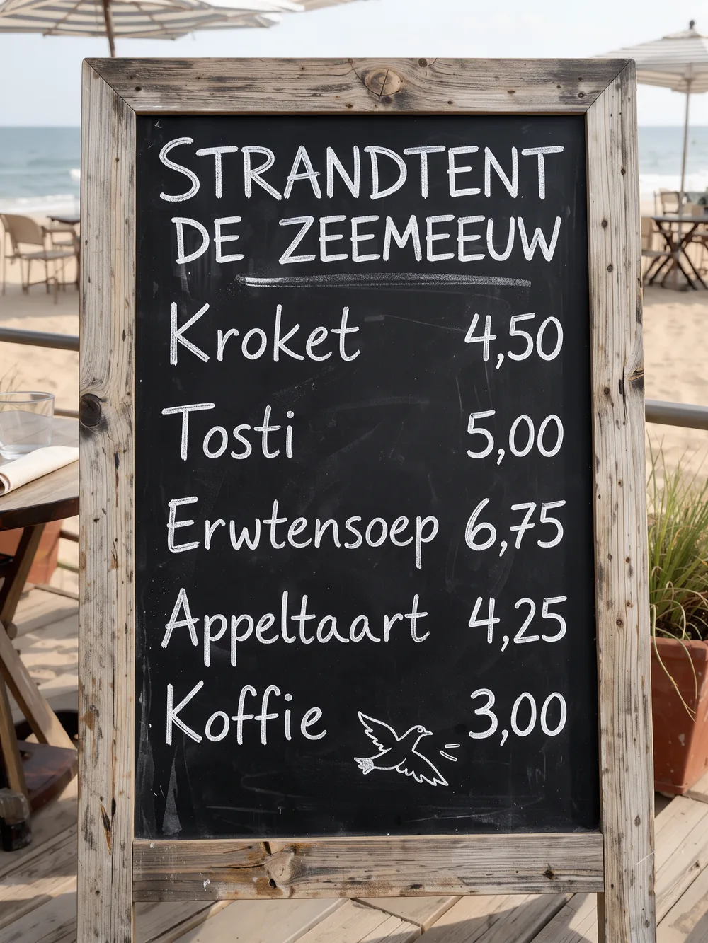 Chalkboard menu of beach cafe Strandtent de Zeemeeuw with five dishes and prices, made with FLUX 3 Klein
