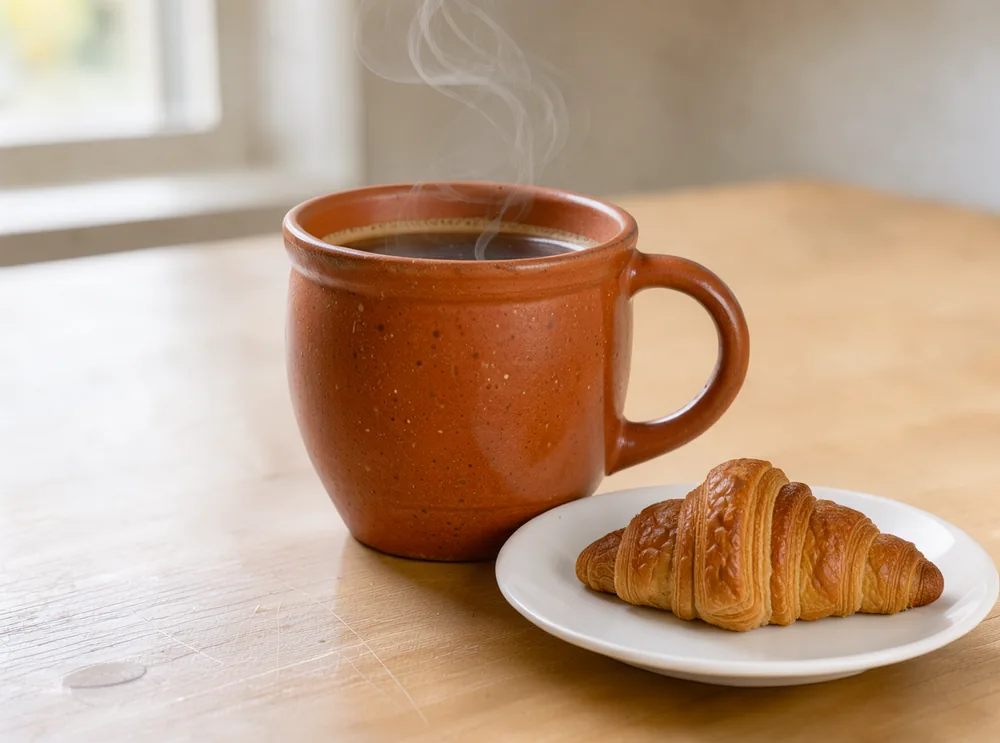 After: speckled terracotta mug with a croissant on a plate, same table and light