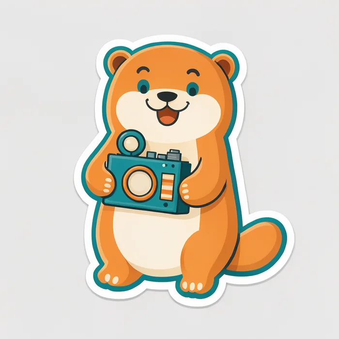Sticker of a cartoon animal holding a film camera, variation 3