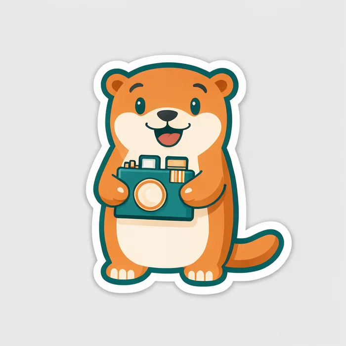 Sticker of a cartoon animal holding a film camera, variation 4