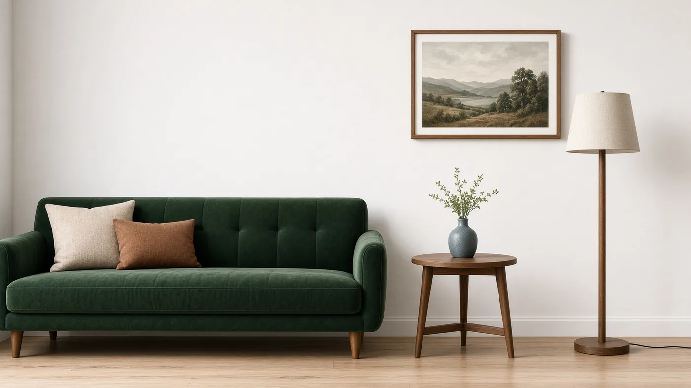 Step one: a generated living room scene with a green sofa, a floor lamp and a framed painting, ready to be edited.
