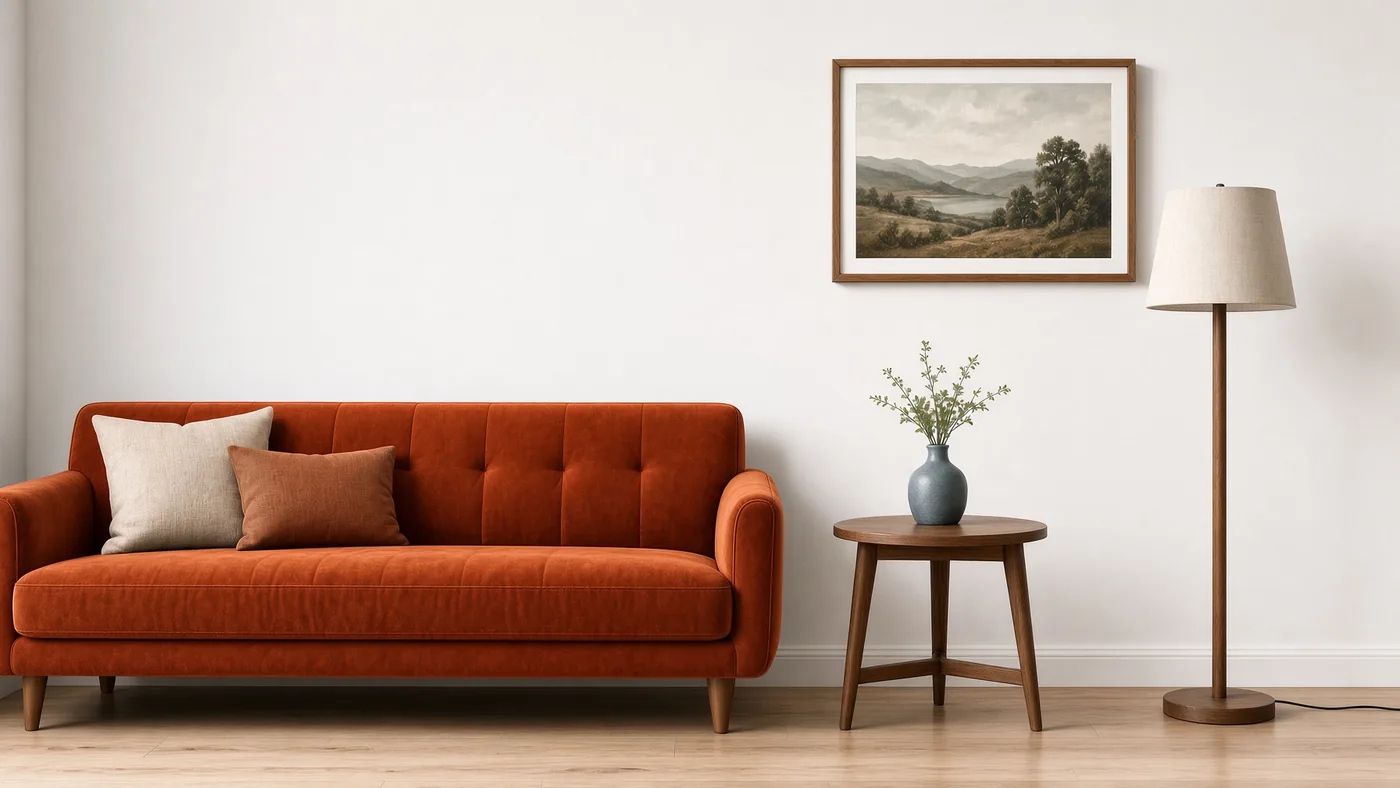 Step three: the edited living room where only region 0 changed, the sofa now rust orange while the lamp, table, vase, pillows and floor are unchanged.
