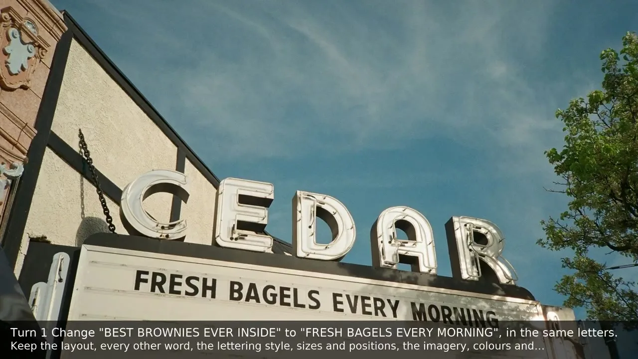 Bioscoopgevel met Cedar en Fresh bagels every morning, ernaast dezelfde gevel met Maple en de Franse tekst Bagels frais chaque matin