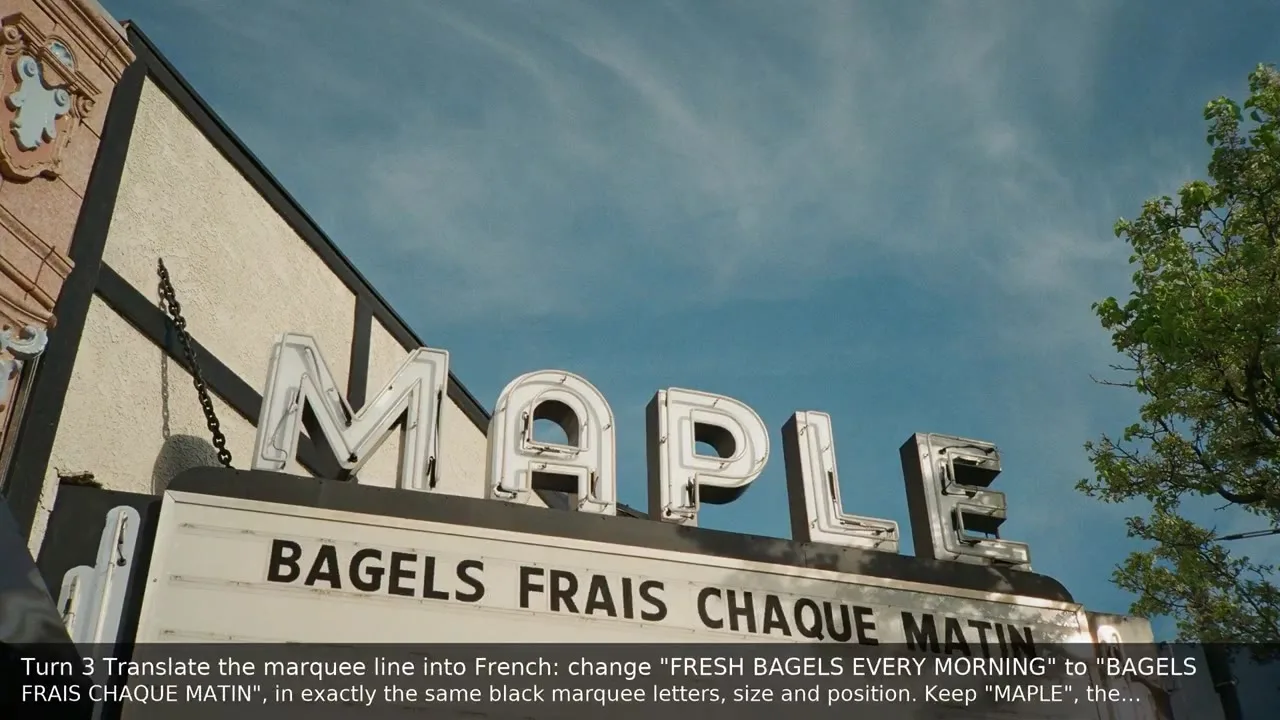 Bioscoopgevel met Cedar en Fresh bagels every morning, ernaast dezelfde gevel met Maple en de Franse tekst Bagels frais chaque matin