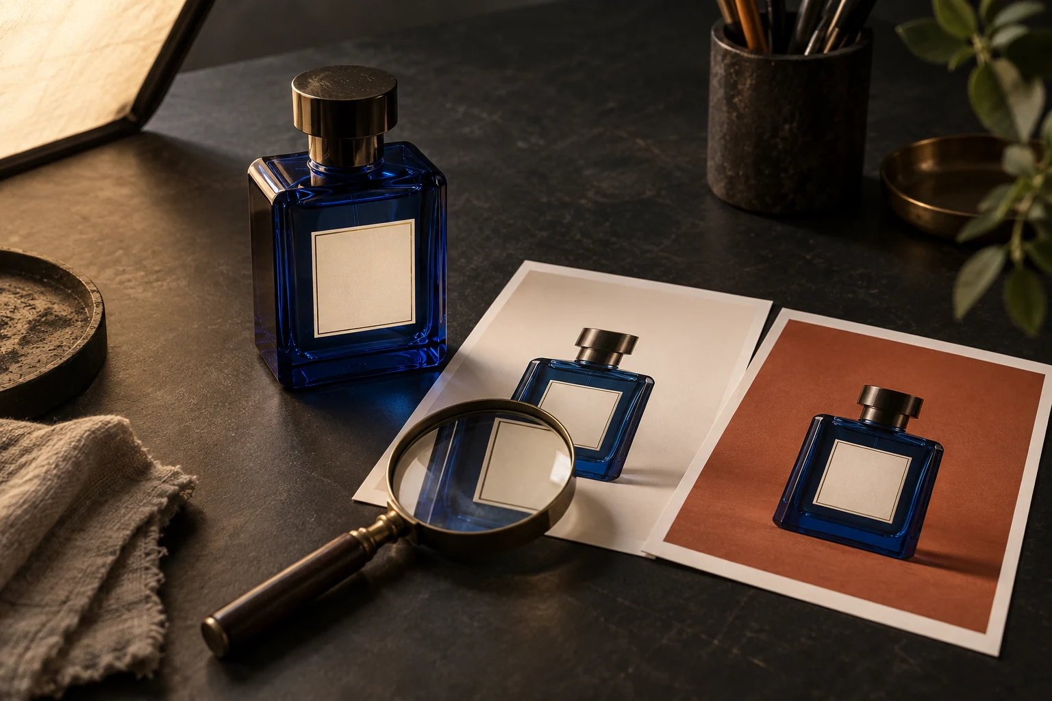 Blue perfume bottle beside two studio prints and a magnifying glass