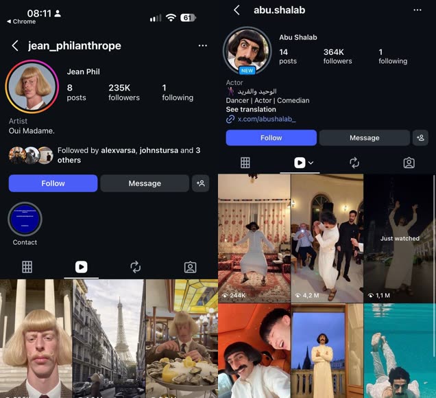 Instagram profiles of jean_philanthrope with 8 posts and 235K followers, and abu.shalab with 14 posts and 364K followers, with reels showing up to 5.8 million views