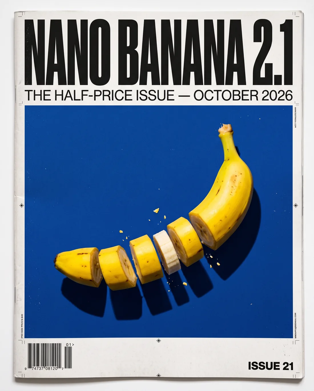 Nano Banana 2.1-tijdschriftcover met een in plakjes gesneden banaan op kobaltblauw