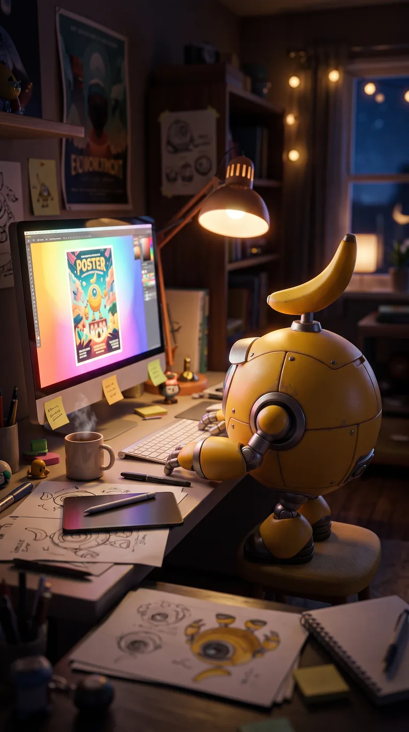 Dezelfde robotmascotte aan een creatief bureau in de nacht