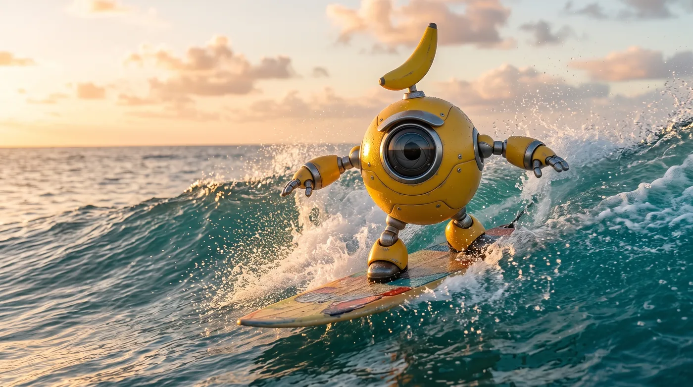 Dezelfde robotmascotte surft op een turquoise golf bij gouden uur