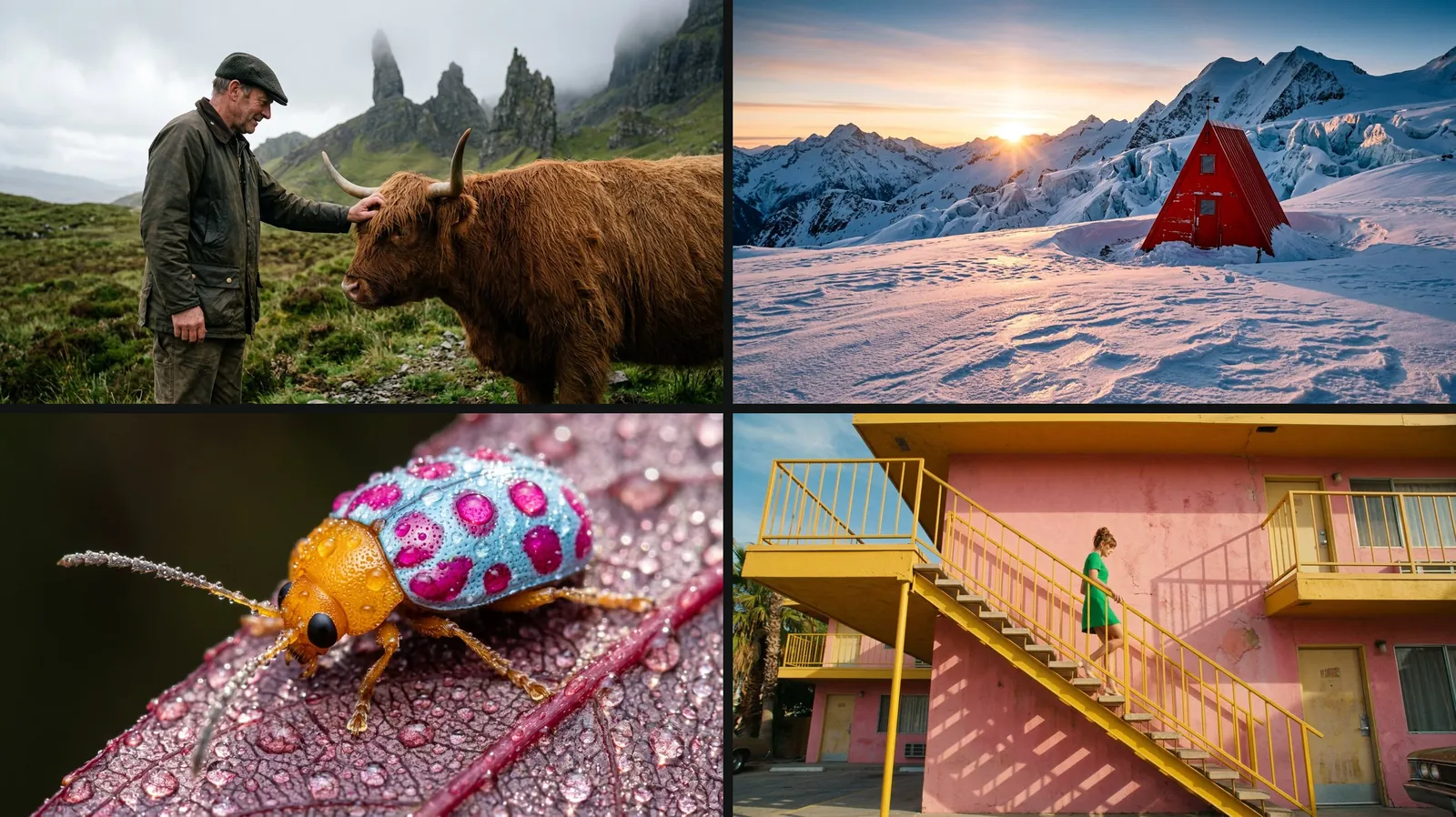 De vier lanceerbeelden van Google voor Nano Banana 2.1: een boer met een Schotse hooglander, een rode berghut in de sneeuw, een macro van een kever en een vrouw op de trap van een motel.