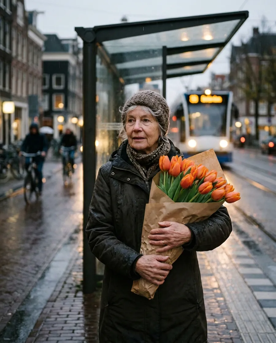 Bronfoto, zwart-wit mask over de boodschappentas, en drie bewerkingen waarin de tas oranje tulpen werd. (Nano Banana Pro)
