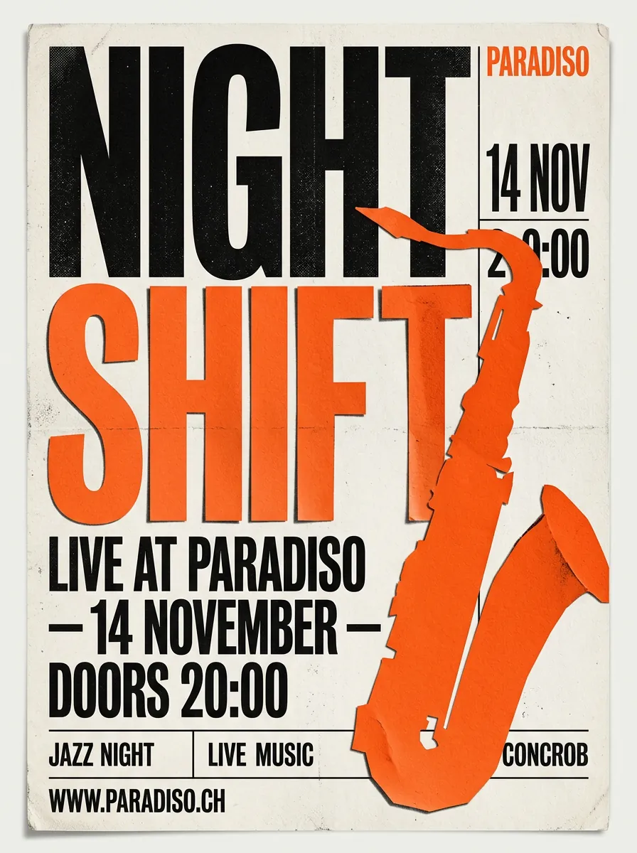 Dezelfde jazzposter-prompt in Nano Banana 2.1, Nano Banana 2 en Nano Banana Pro. 2.1 tekent een zichtbaar raster, NB 2 heeft een kapotte tijd en een verzonnen bandnaam. (Nano Banana 2)