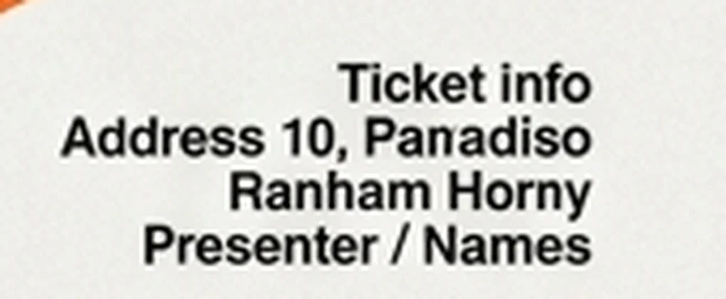 Ingezoomde kleine letters van de Nano Banana 2.1-poster: Ticket info, Address 10, Panadiso, Ranham Horny, Presenter / Names.