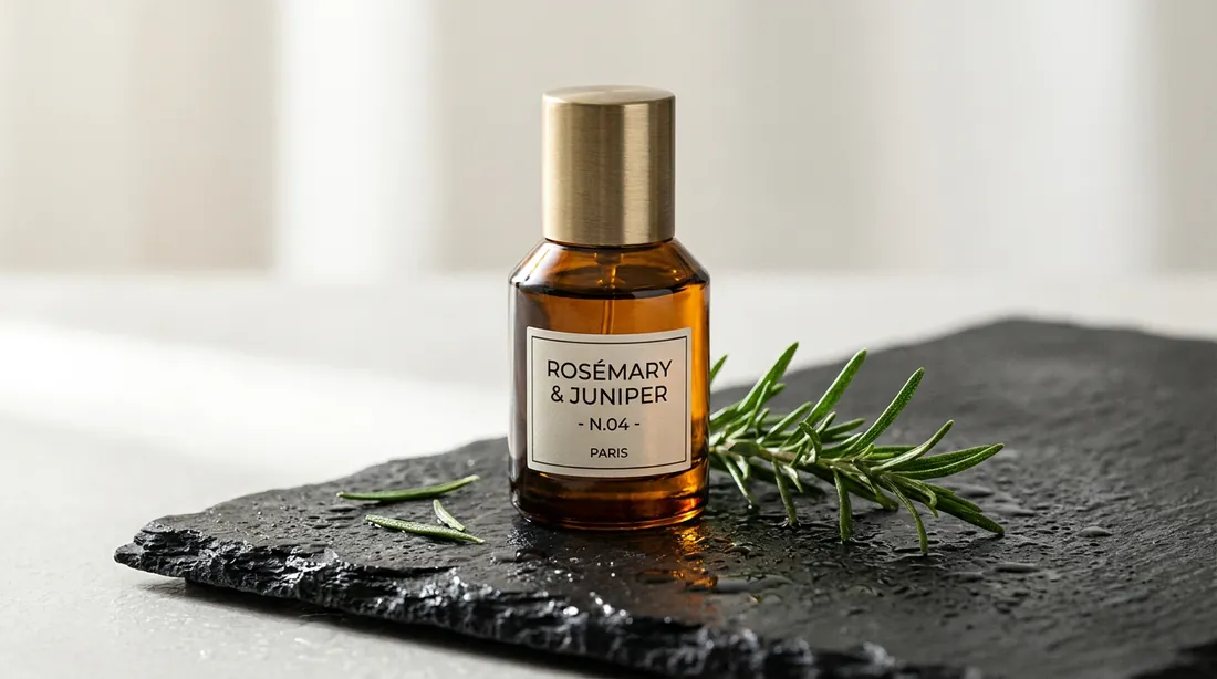 Amberkleurig parfumflesje met messing dop op natte leisteen naast rozemarijn, gemaakt door drie Nano Banana-modellen. (Nano Banana Pro)