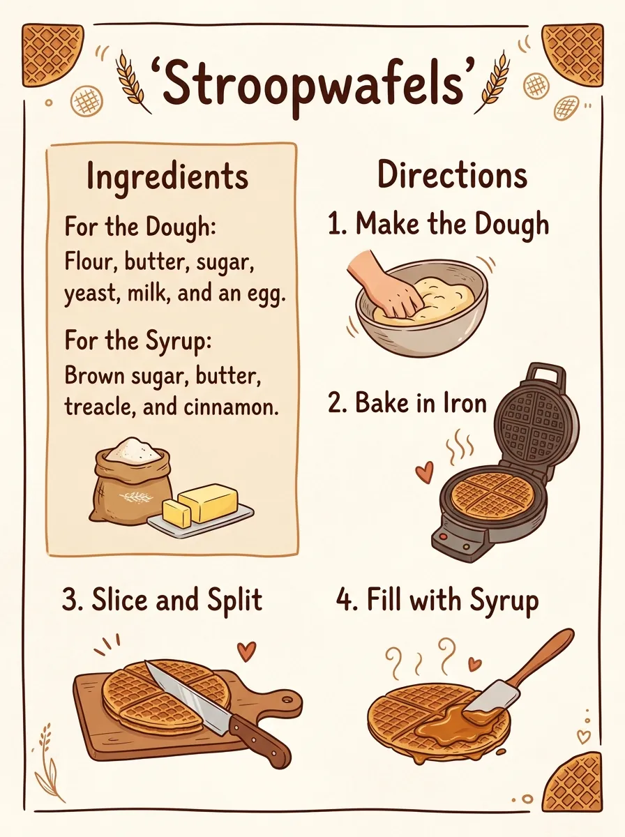 Geïllustreerde receptkaart voor stroopwafels in drie versies. NB 2 heeft de meest complete ingrediëntenlijst met hoeveelheden. (Nano Banana 2.1)