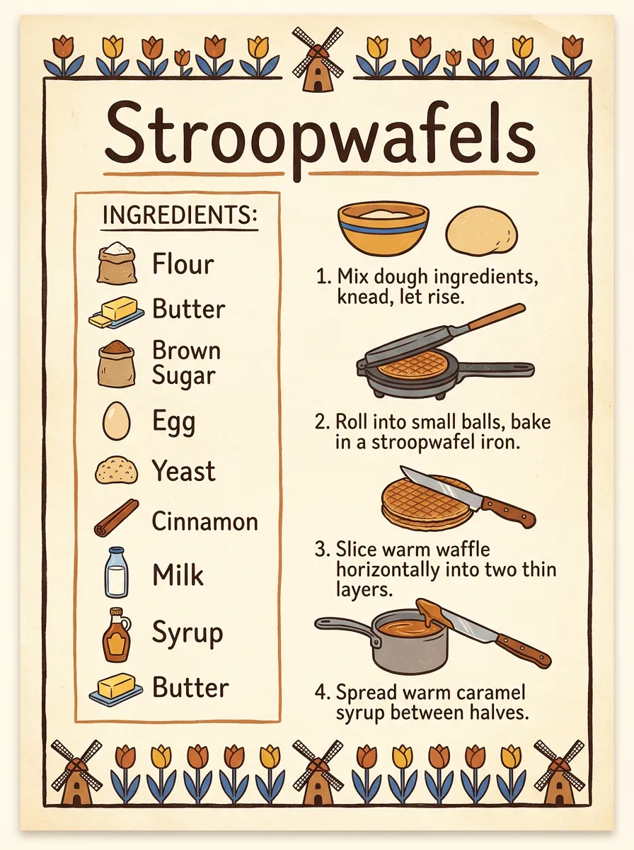 Geïllustreerde receptkaart voor stroopwafels in drie versies. NB 2 heeft de meest complete ingrediëntenlijst met hoeveelheden. (Nano Banana Pro)