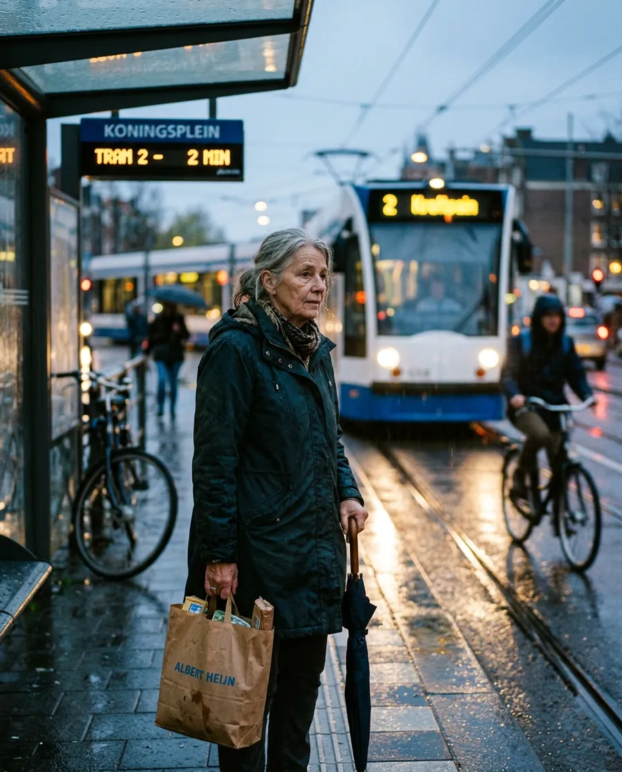 Oudere vrouw met een papieren boodschappentas bij een Amsterdamse tramhalte in de regen, gemaakt door Nano Banana 2.1, Nano Banana 2 en Nano Banana Pro. (Nano Banana 2)