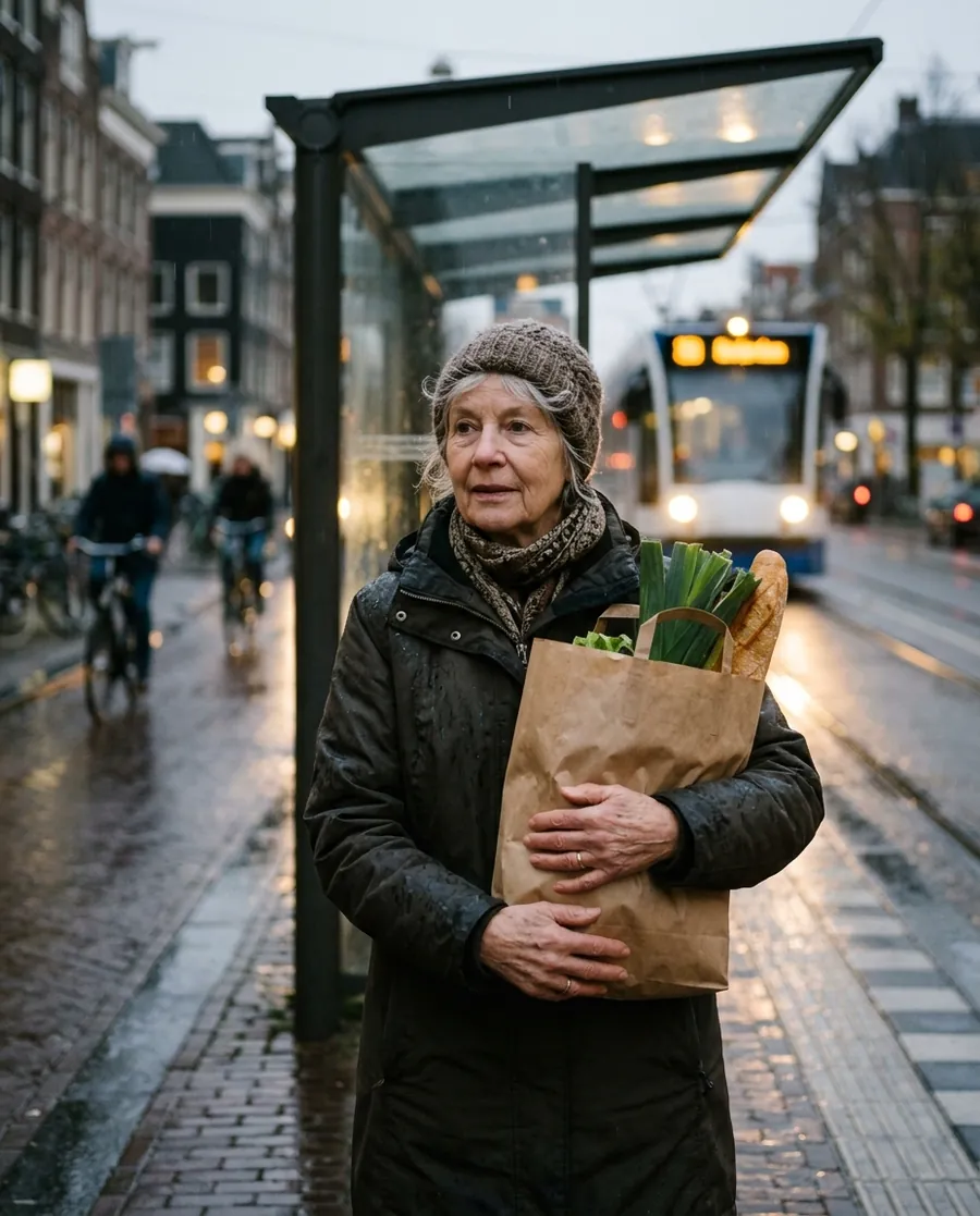 Oudere vrouw met een papieren boodschappentas bij een Amsterdamse tramhalte in de regen, gemaakt door Nano Banana 2.1, Nano Banana 2 en Nano Banana Pro. (Nano Banana 2.1)