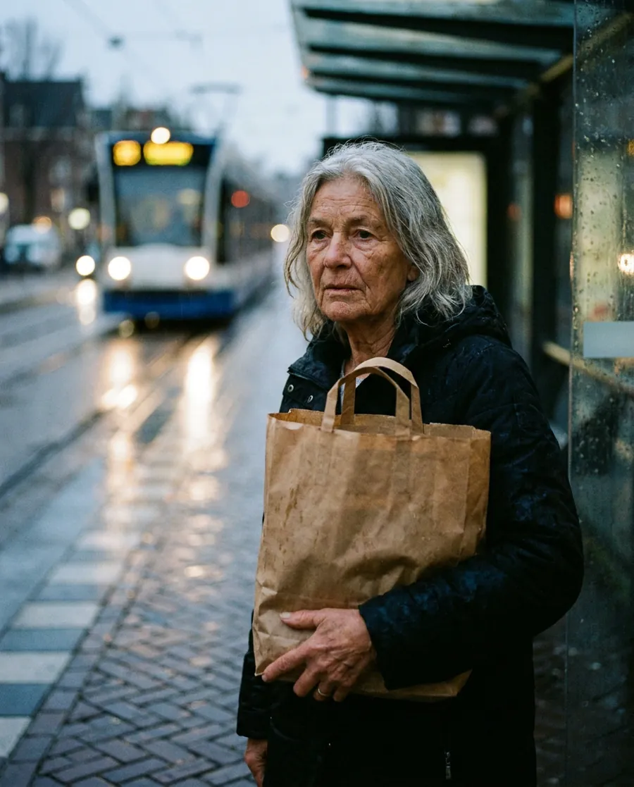 Oudere vrouw met een papieren boodschappentas bij een Amsterdamse tramhalte in de regen, gemaakt door Nano Banana 2.1, Nano Banana 2 en Nano Banana Pro. (Nano Banana Pro)