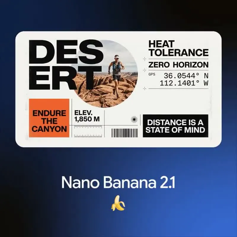 Frame uit de lancerings-GIF van Google voor Nano Banana 2.1: een hardloopposter met de tekst Desert, Heat tolerance en Distance is a state of mind.