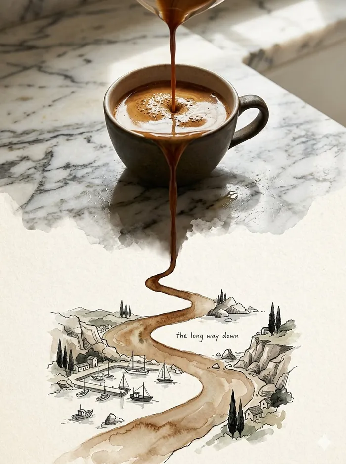 Espresso die in een kop stroomt en overgaat in een inkttekening van een kronkelende weg, gemaakt door Nano Banana 2.1.
