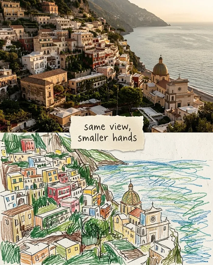 Hetzelfde kustdorp twee keer: boven een foto, onder een kleurpotloodtekening met het briefje same view, smaller hands.
