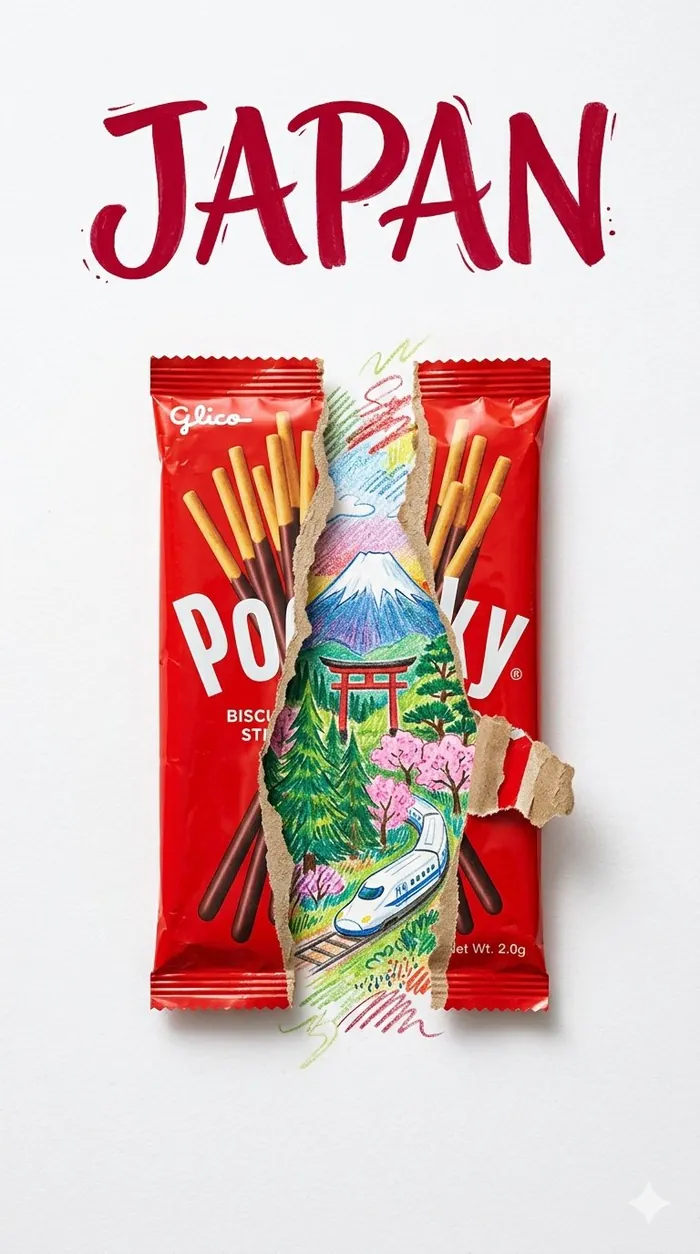 Poster met het woord Japan en een pak Pocky met de berg Fuji op de verpakking getekend.
