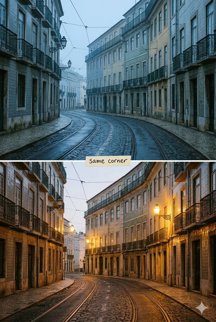 Dezelfde straathoek met kinderkopjes in Lissabon overdag en in de schemering, met het briefje same corner.