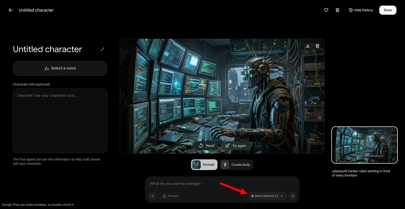 Screenshot van Google Flow met Nano Banana 2.1 gekozen in de modelkiezer, onder een gegenereerd cyberpunk-robotbeeld.