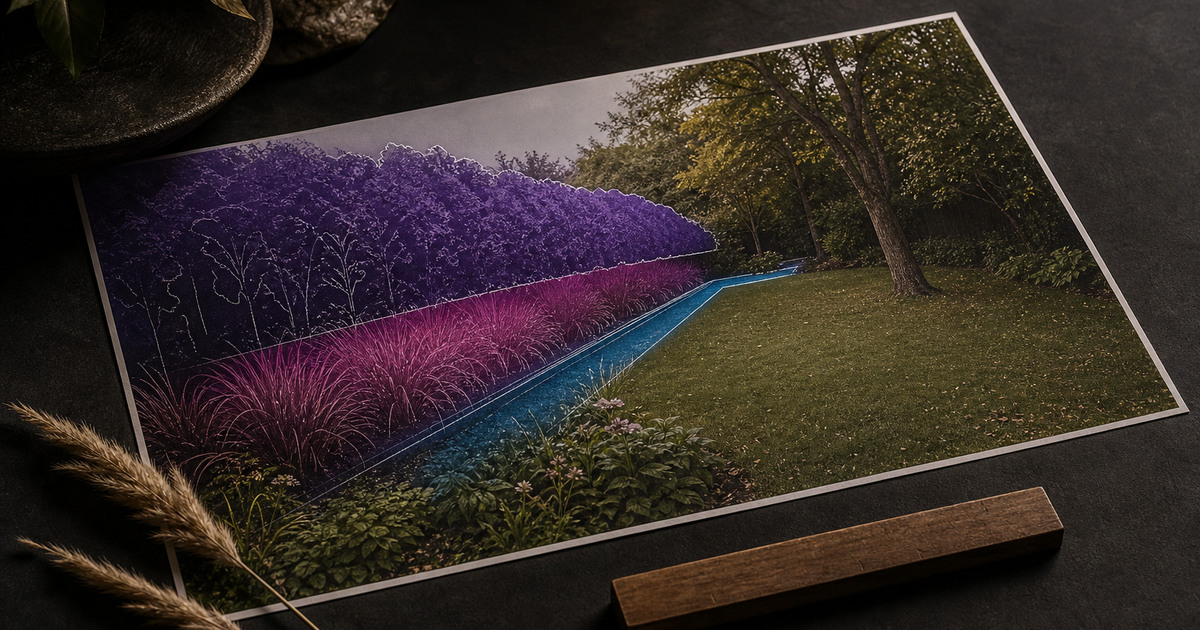 Digitale tuinvisualisatie naast een echte tuinfoto, meetlint en plantdetails
